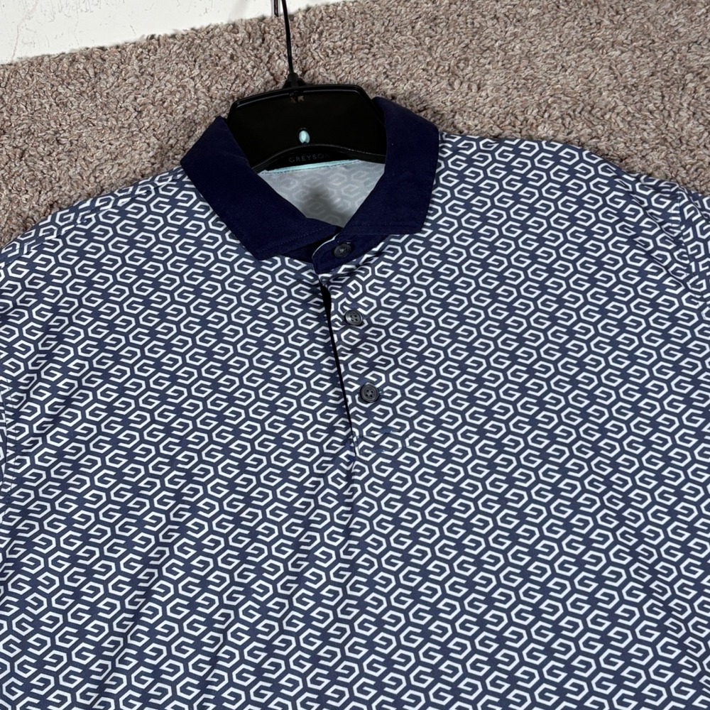 Greyson Mens Geometric Logo Performance Golf Polo Shirt Navy Blue Large